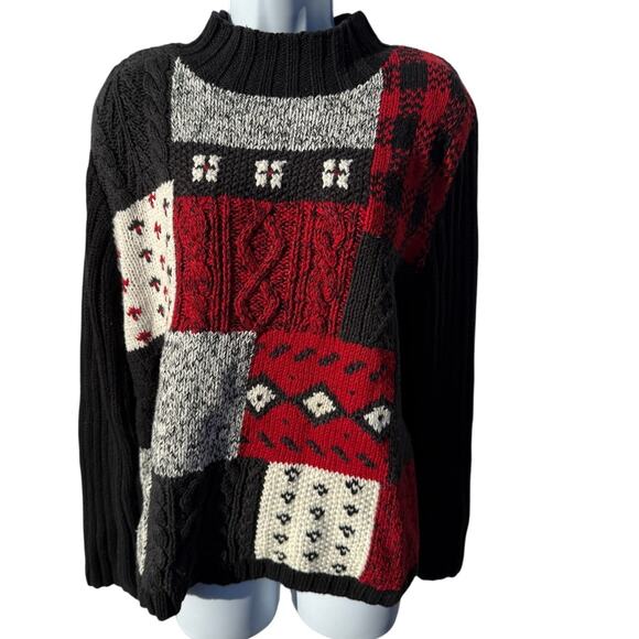 Liz Claiborne Sweaters - VTG 90s Liz Claiborne L Cable Knit Patchwork High Neck Pullover Sweater Knit